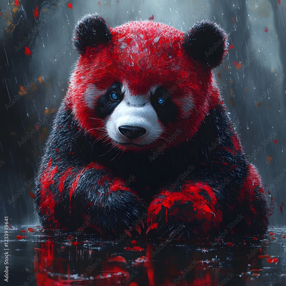 Aufkleber realistic depiction of a panda with vibrant red markings sitting on a slick surface its contemplativ