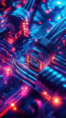 Electronic cables connect circuits, illuminated with colorful lights.