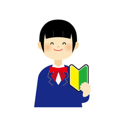 初心者マークを持ったブレザーの女子学生