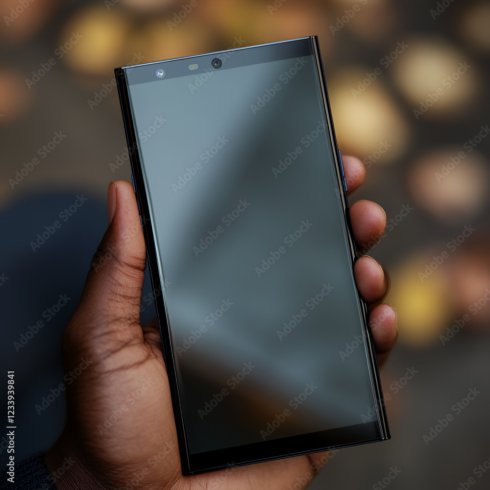 Poster smartphone in hand: a modern smartphone held in a dark-skinned hand, showcasing its sleek design and
