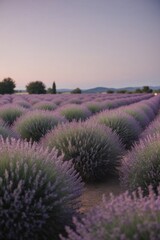 Obraz premium Lavender fields blooming at dusk with purple flowers and rolling hills 