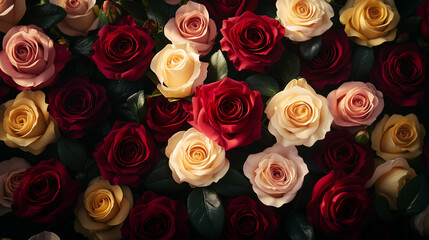 Naklejka premium A captivating array of red, pink, and yellow roses, their velvety petals unfolding in a symphony of color and form