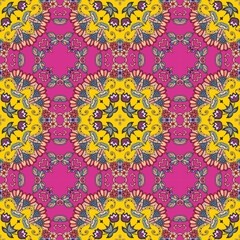Seamless flourish pattern with tulip flowers and leaves on pink and yellow background. 