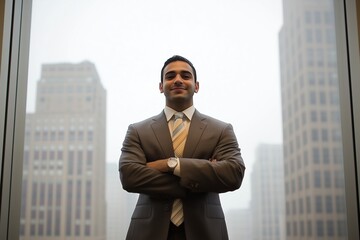 Confident businessman in formal suit standing with arms crossed against a backdrop of city skyscrapers. concept of leadership and success.