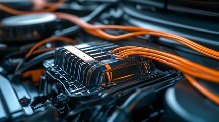 Close-up of an engine component showcasing intricate wiring and modern design in a vehicle's engine bay