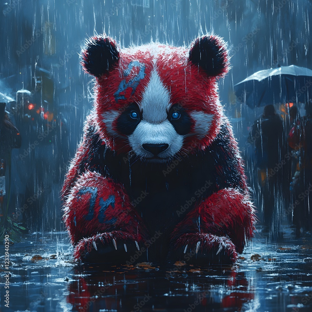 Aufkleber realistic depiction of a panda with vibrant red markings sitting on a slick surface its contemplativ