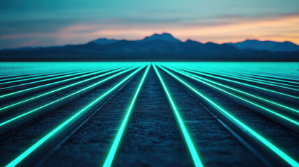 Obraz premium Futuristic glowing green energy currents flow across landscape at dusk