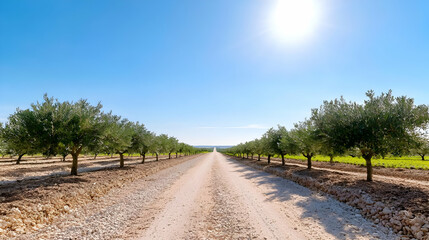 Sunny olive grove road, rural landscape, agriculture, travel