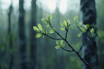 Bright green young shoots on a spruce branch against a smooth, blurred forest backdrop.