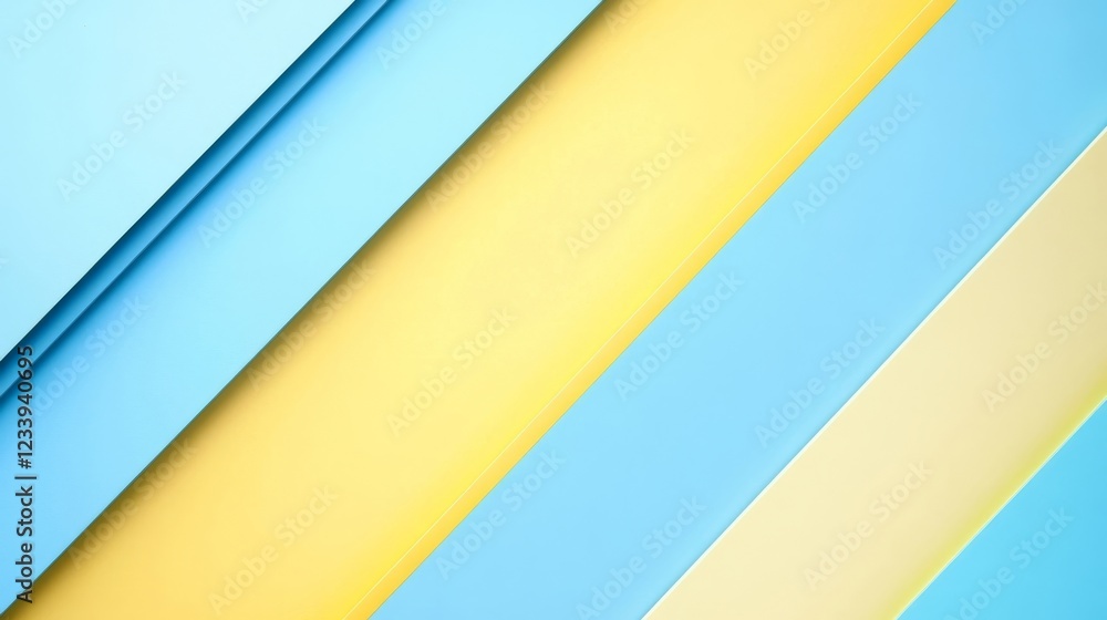 Poster decorative arrangement of blue and yellow paper sheets creating a vibrant background in a bright set