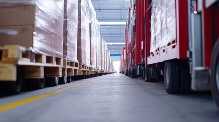 Logistics hub showcasing rows of trucks and pallets in a busy warehouse during daylight