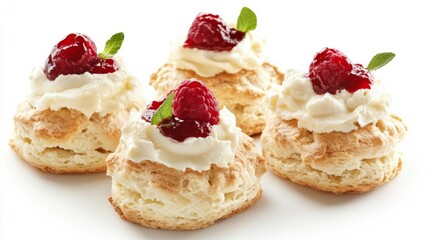 Delightful small pastries topped with cream and raspberries served on a white plate