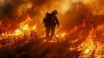 A firefighter in the forest fighting a wildfire, with flames and smoke surrounding the area, highlighting the challenge of wildfire suppression
