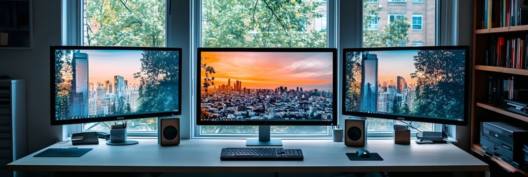 Modern Home Office Setup with Triple Monitor Display Showing City Skyline and Trees - Powered by Adobe