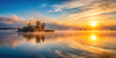 Fototapeta premium Foggy dawn on the bay with misty veil rising from water, calm, sunrise, calm, sunrise