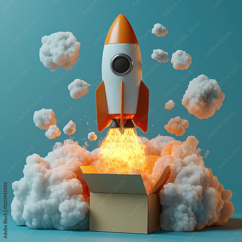 Poster a rocket launching from an open box, surrounded by clouds and flames.