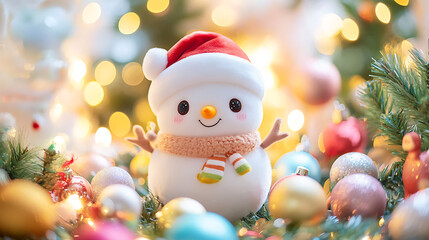 A stuffed snowman in a cozy Christmas hat surrounded by colorful holiday decorations