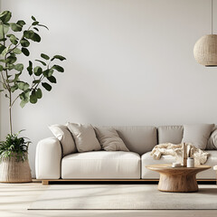 Serene Living Room Interior: A modern living room exudes tranquility with a neutral-toned sofa, a stylish coffee table, and an accent plant, creating a welcoming and comfortable atmosphere.