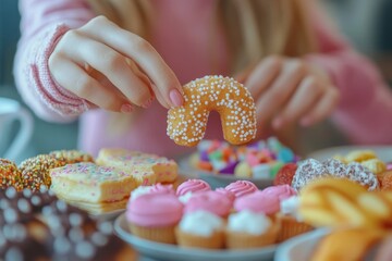 Diet food loss weight concept, Hand of woman pushing sweet away and avoid to sugar to control cholesterol and sugar