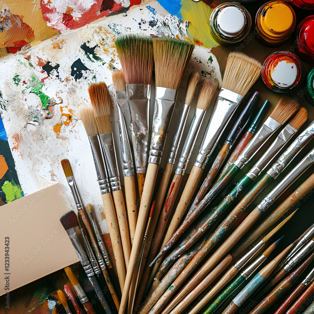 Poster brushes of artistry: an overhead shot showcases an array of meticulously arranged paintbrushes of va