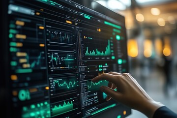 Fototapeta premium Hand interacting with data on a glowing financial screen. Real-time stock trading analysis.