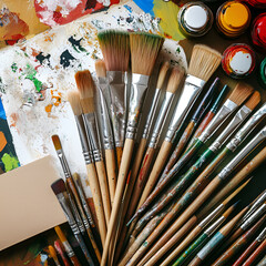 Obraz premium Brushes of Artistry: An overhead shot showcases an array of meticulously arranged paintbrushes of various sizes and styles, resting on a canvas speckled with colorful paint and pots of primary colors.