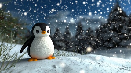 Adorable Penguin in Snowy Winter Wonderland Scene