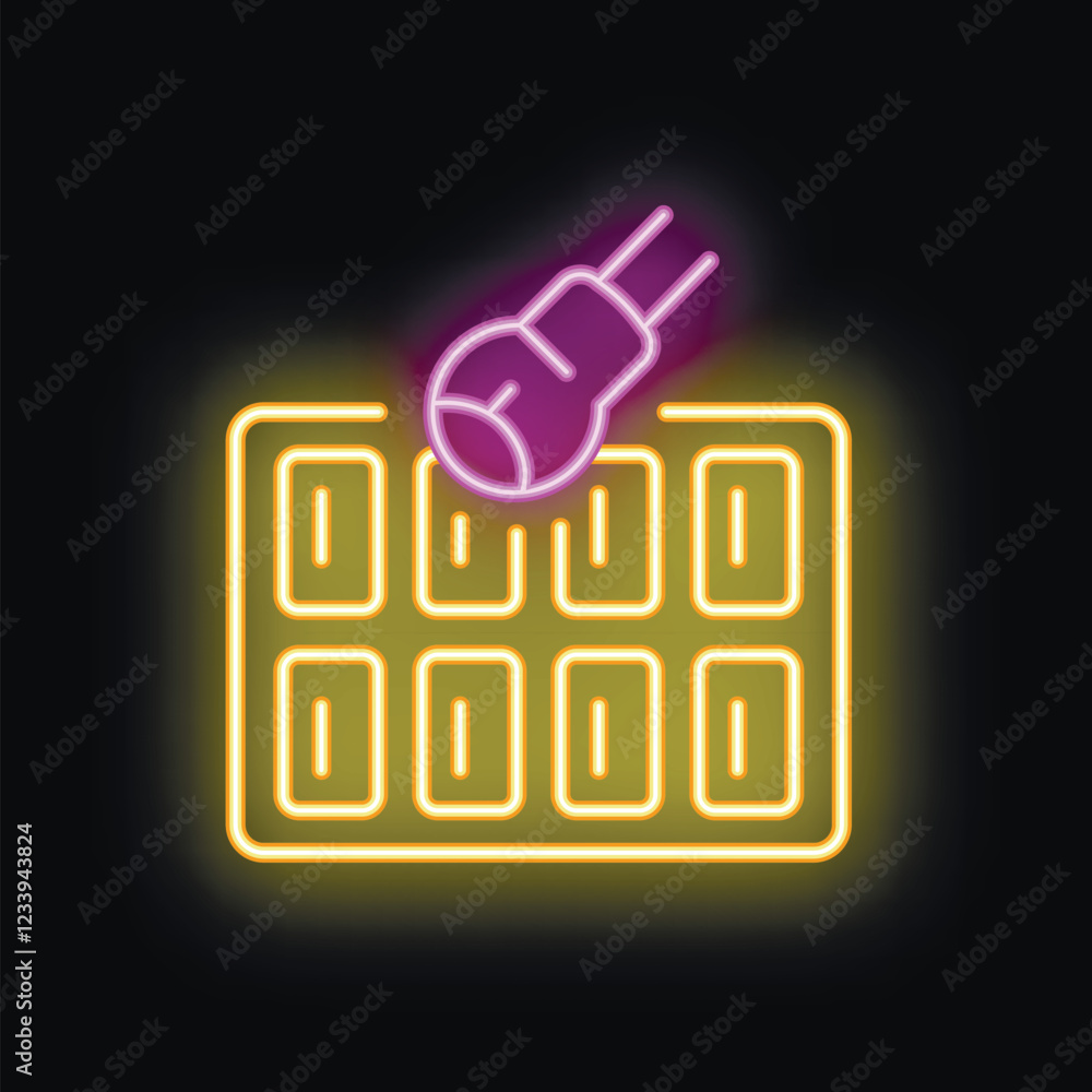 Poster neon sign of a bright light bulb glowing above empty cells symbolizing the process of brainstorming 