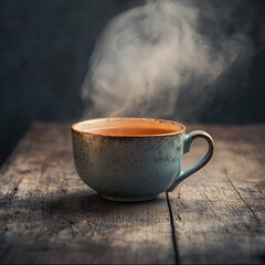 Fototapeta premium Steaming Cup of Tea: A close-up shot of a ceramic teacup with steam rising, resting on a rustic wooden surface. The moody lighting and the wisps of vapor create a sense of warmth and comfort. 