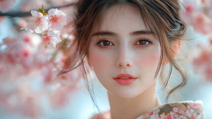 Naklejka premium Portrait with Cherry Blossoms