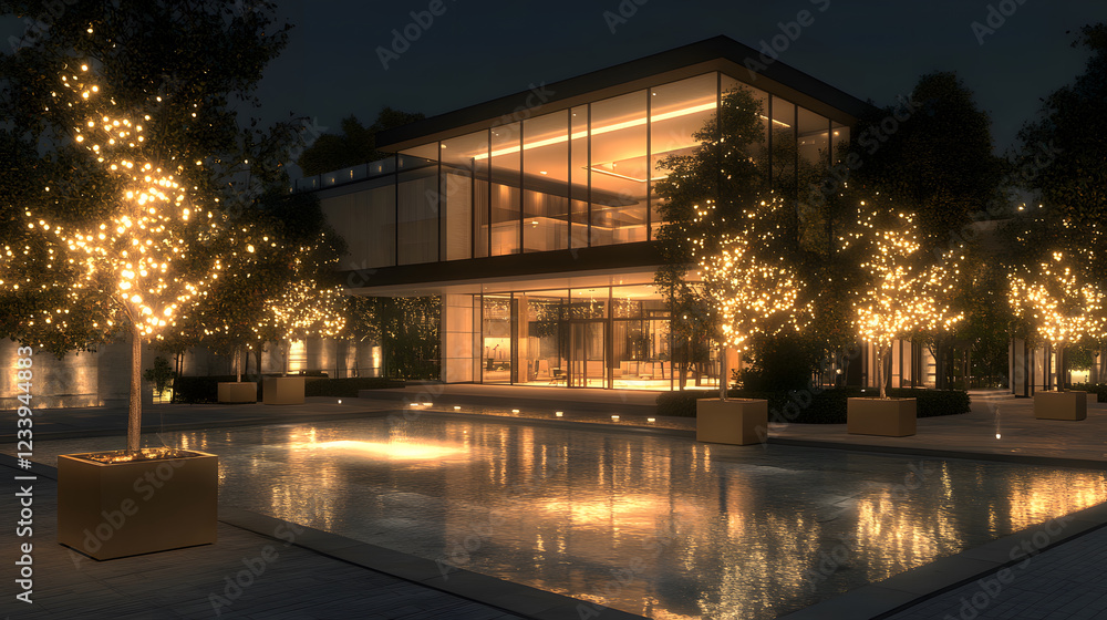 Aufkleber A modern building illuminated by warm lights, surrounded by trees and a reflective pool, creating a serene nighttime atmosphere