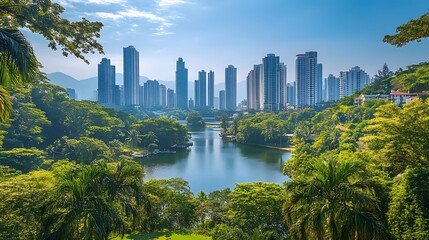 Obraz premium A vibrant cityscape where modern skyscrapers meet lush greenery, showcasing a serene lake surrounded by tropical vegetation under a clear blue sky
