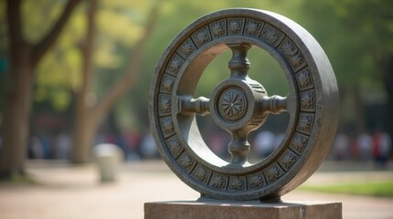 Obraz premium A beautifully crafted sculpture of the Ashoka Chakra, placed in a public space