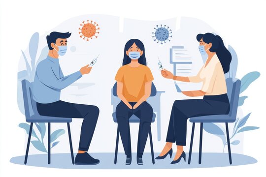 A female doctor wearing a medical mask prepares to vaccinate a young woman sitting in a chair. Both individuals have on face masks. Another person sitting in the chair behind them has a syringe.