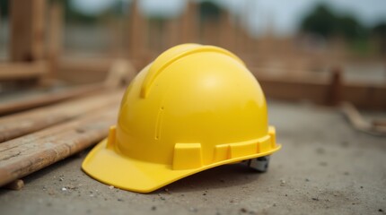 A close-up of a bright yellow hard hat resting on a construction site, showcasing its sturdy design and safety features
