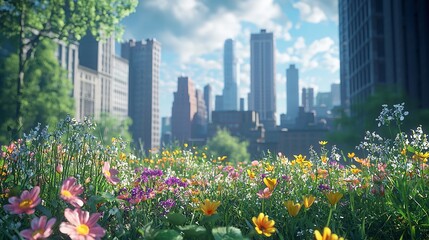 Urban green space with blooming wildflowers against a backdrop of city buildings.