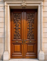 Obraz premium Ornately Carved Wooden Double Door set within Stone Frame with intricate details