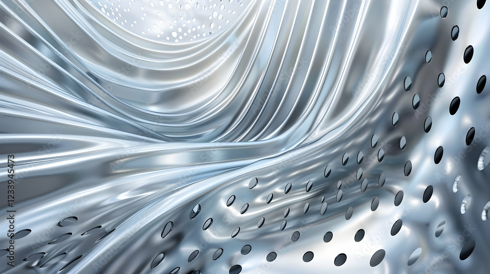 Poster abstract metallic structure with smooth curves and perforated surfaces.