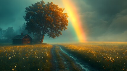 Darktoned photograph of lone tree and a small wooden house on the left a path winding toward the house The overcast sky contrasts with a vibrant rainbow hazy fields stretch into the horizon