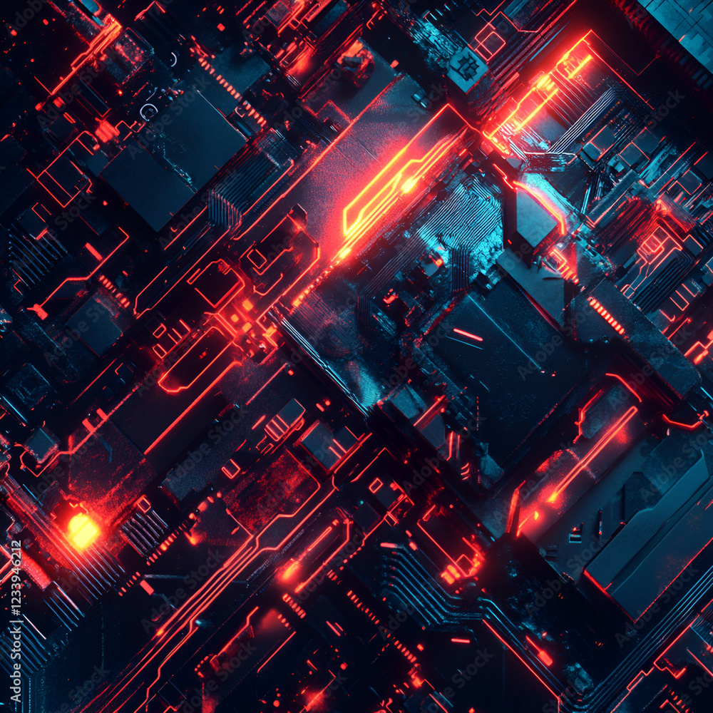 Aufkleber illuminated circuitry: a close-up shot of a complex circuit board, illuminated with vibrant red and 