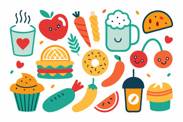 Colorful Doodle Set of Various Food Elements in a Fun Cartoon Style