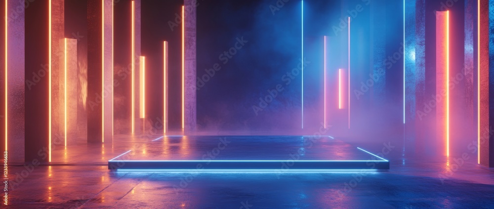Poster modern 3d rendering of an empty stage with glowing blue neon lights for an engaging product presenta