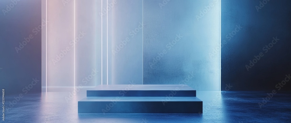 Poster modern 3d rendering of an empty stage with glowing blue neon lights for an engaging product presenta