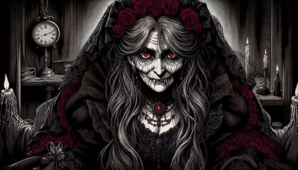 Gothic portrait of an eerie, aged vampire woman with red roses in her hair and striking red eyes. Set against a dark background with candles and an antique clock, haunting, mystical atmosphere