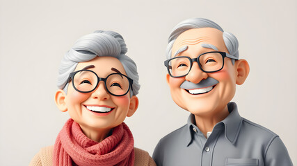 3D illustration of a A joyful elderly couple standing together, both wearing glasses and smiling widely. Generative AI