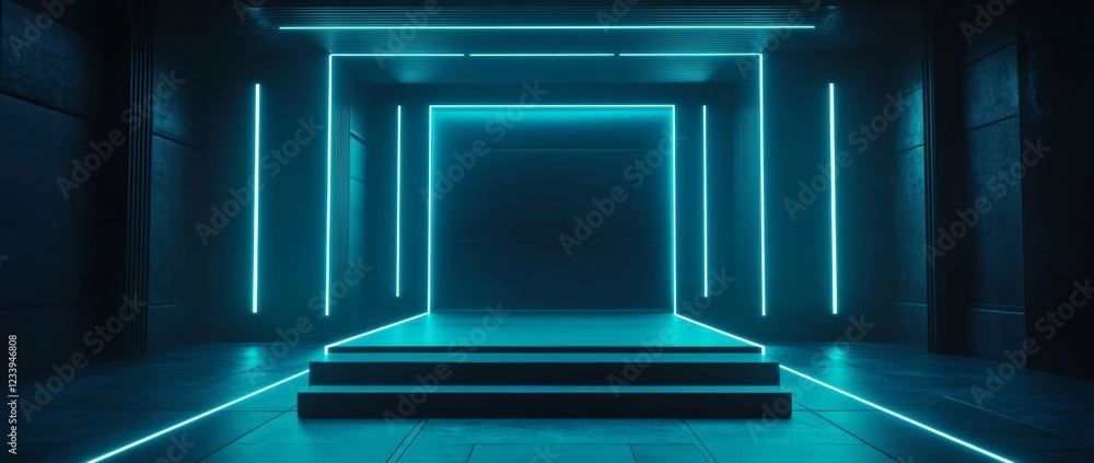 Poster modern 3d rendering of an empty stage with glowing blue neon lights for an engaging product presenta
