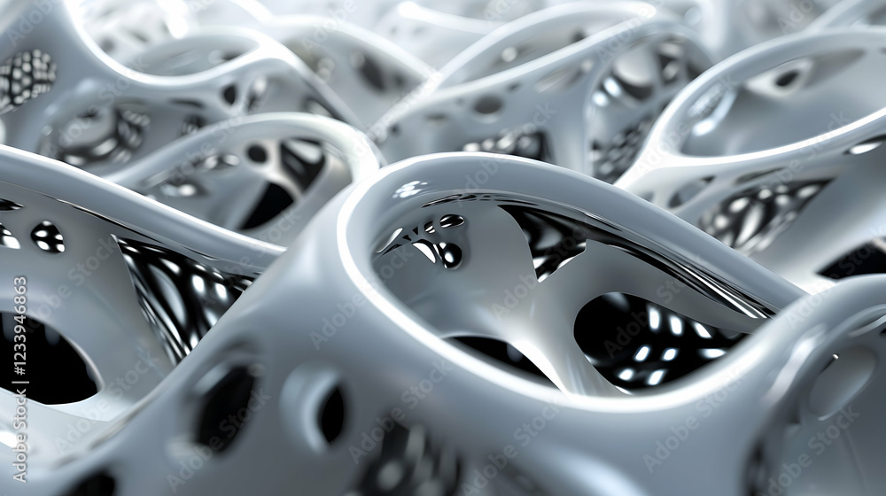 Poster abstract 3d rendering of interconnected structures with a glossy finish.