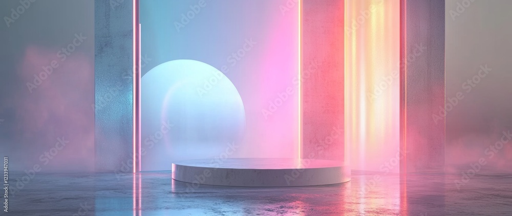 Poster creative mock-up background featuring blue and pink neon lights on an empty stage for product displa
