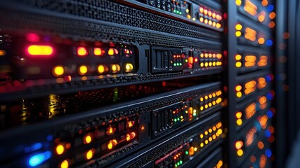 Obraz premium A close-up view of illuminated server racks in a data center.