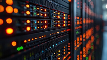 Obraz premium A close-up of server racks with illuminated indicators for data processing.